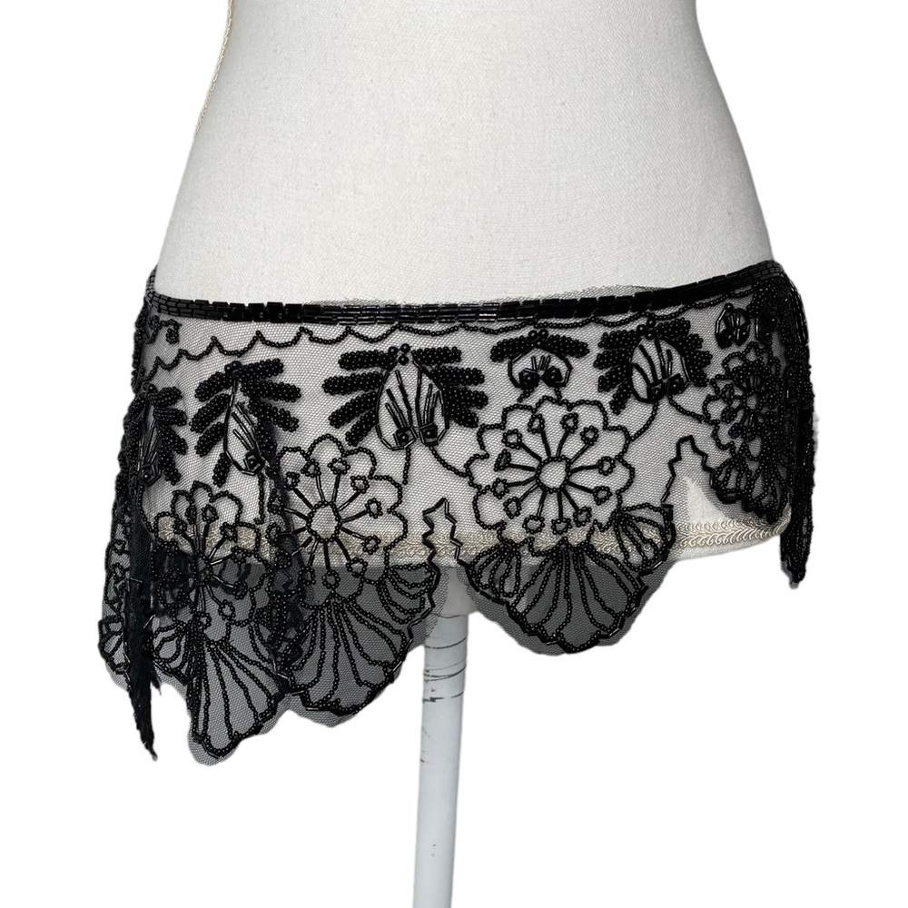Vintage Black Beaded Mesh Floral Design Bolero Collar Shaw Belt Multi-way Piece - Picture 13 of 16